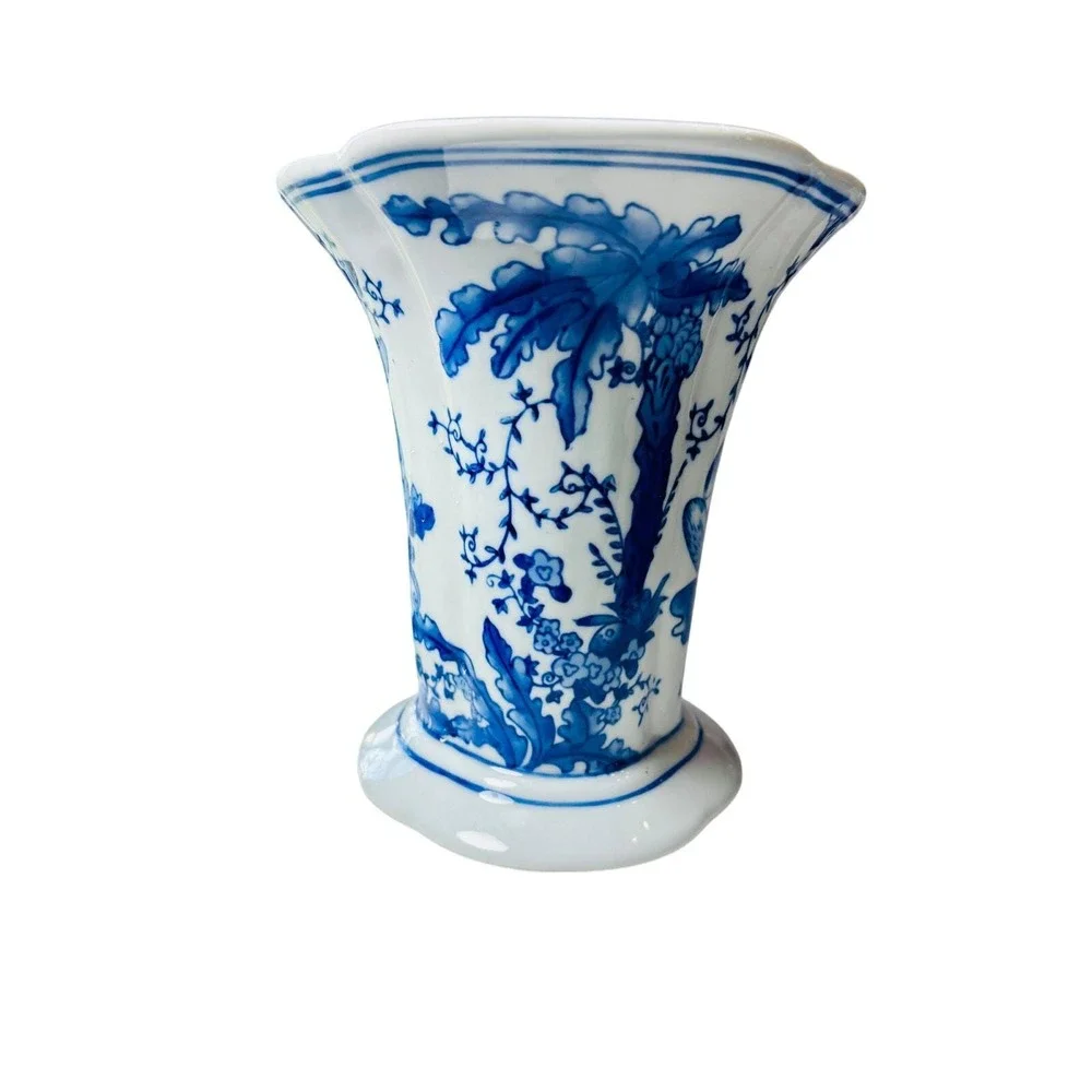 Blue and White Chinoiserie Monkey Porcelain Vase Scalloped Flared 6.5 Inch‎